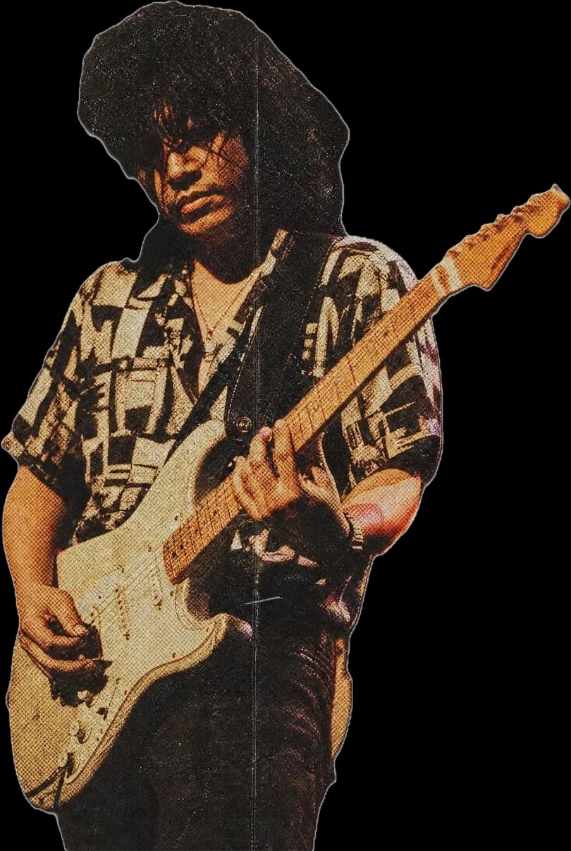 A guitarist mid-phrase on a worn Stratocaster, hair over his eyes, cut out of a grainy stage photograph